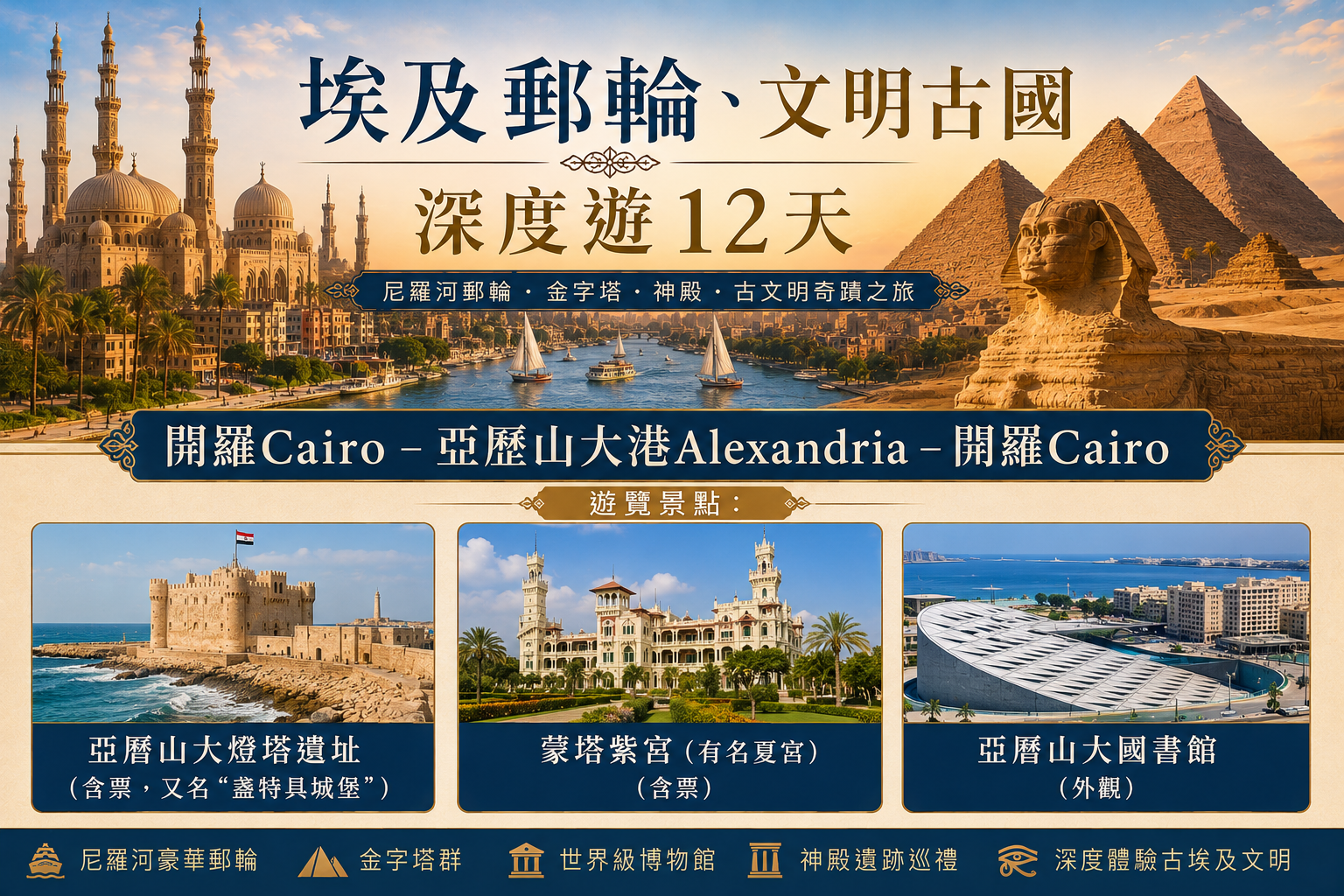 2026年 11/07 埃及郵輪、文明古國深度遊12天 開羅Cairo–亞歷山大港Alexandria–開羅Cairo 2026年 11/07 埃及郵輪、文明古國深度遊12天 開羅Cairo–亞歷山大港Alexandria–開羅Cairo